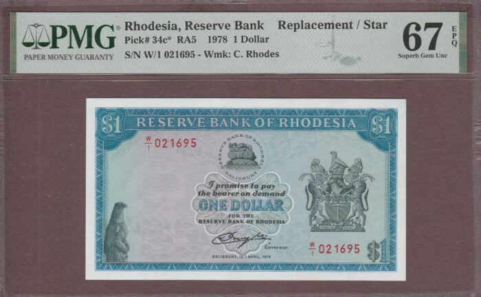 Rhodesia B107nz/P34c* 1978 REPLACEMENT PMG-67 EPQ