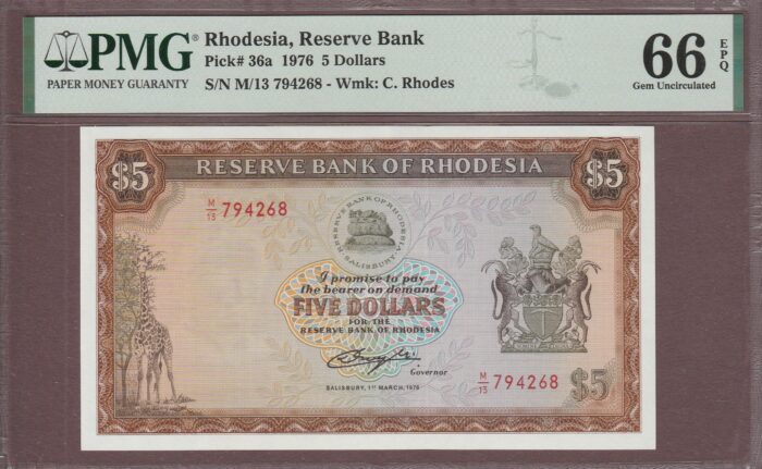 Rhodesia B109b/P36a (Rhodes watermark)1976 PMG-66 EPQ