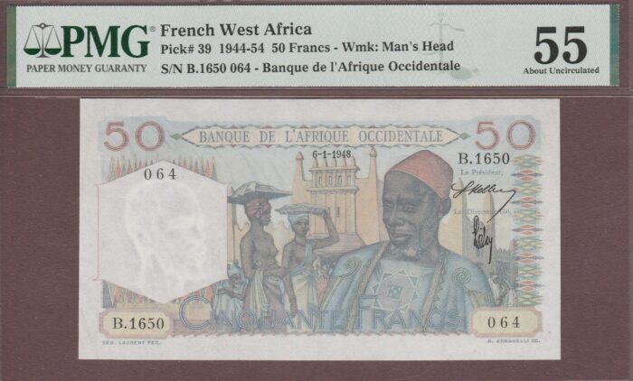 French West Africa 6-1-1948 B123c/P39 AU PMG-55
