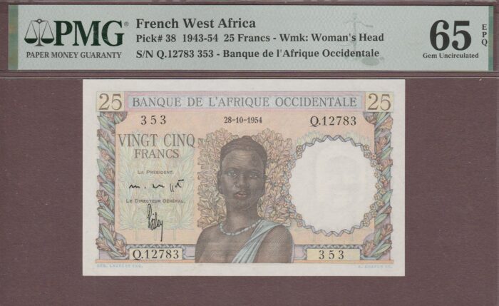 French West Africa 28-10-1954 B122n/P38 UNC PMG-65 EPQ